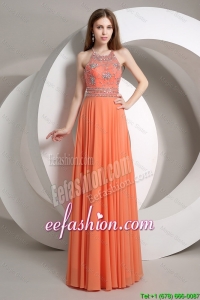 Pretty Beaded Empire Orange Prom Dresses with Halter Top