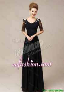 Pretty Half Sleeves Laced Black Prom Dresses with V Neck