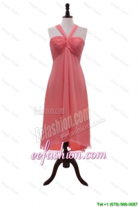 Discount Halter Top Coral Red Short Prom Dresses with Ruching