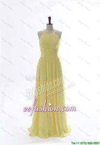 Simple 2016 Scoop Chiffon Yellow Prom Dresses with Sweep Brain