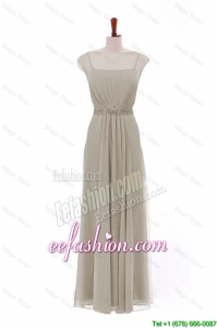 Simple Bateau Grey Long Prom Dresses with Beading and Sashes