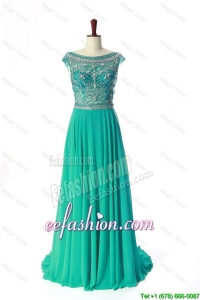 Bateau Beading Brush Train Prom Dress in Turquoise In Stock