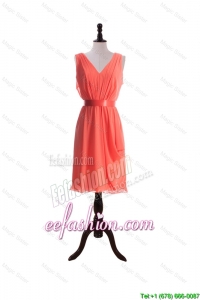 Empire V Neck Prom Dresses with Sashes in Watermelon In Stock