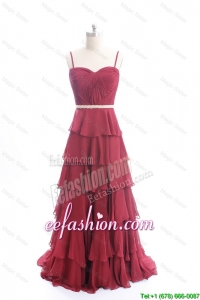 Formal Brush Train Belt and Ruffled Layers Prom Dresses in Wine Red