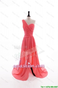 Formal Column One Shoulder Watermelon Prom Dresses with Ruching