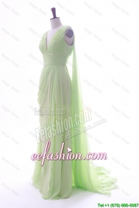 In Stock Empire V Neck Ruching and Pleats Prom Dresses with Watteau Train