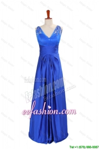 New Empire V Neck Blue Prom Dresses with Beading In Stock