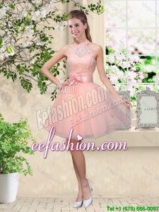 Artistic Halter Top Appliques and Laced Bridesmaid Dresses in Baby Pink