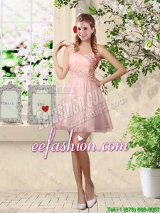 Elegant A Line One Shoulder Appliques Prom Dresses in Pink