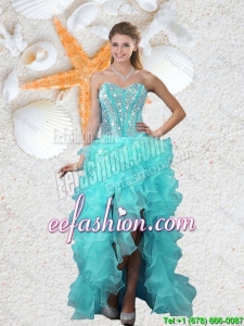 Elegant Beaded Sweetheart Aqua Blue Prom Dresses with High Low