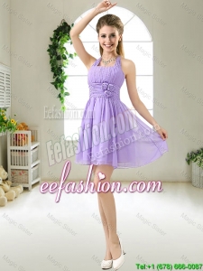 Modest Halter Top Hand Made Flowers Prom Dresses in Purple