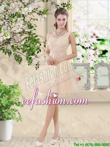 Pretty One Shoulder Champagne Prom Dresses with Appliques and Belt