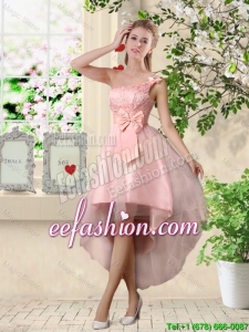Romantic One Shoulder Laced and Bowknot New Style Dama Dresses in Pink