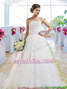 Elegant A Line Brush Train Wedding Dresses with Beading