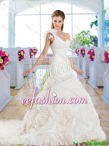 Luxurious Mermaid One Shoulder Wedding Gowns with Rolling Flowers