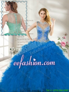 Fall Perfect Scoop Ruffles Blue Sweet 16 Gown with Beading