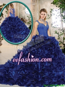 Perfect Straps Brush Train Quinceanera Gowns in Royal Blue