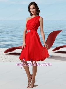 Amazing Chiffon One Shoulder Sleeveless Beading Prom Dress in Red
