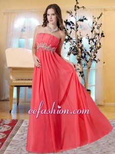 Chiffon Empire Ruching and Beading Strapless Prom Dress in Watermelon Red