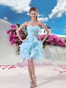 Cool Light Blue Sweetheart Beading and Ruffles Prom Dress for 2015