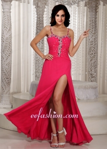 High Slit Beaded Spaghetti Straps Chiffon Prom Dress in Coral Red