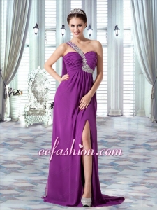 Sexy One Shoulder High Slit Beading and Ruching Prom Dress in Purple