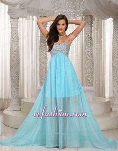Special Design Sweetheart Beaded Aque Blue Prom Dress with Brush Train