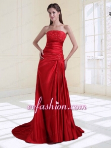 2015 Column Strapless Beading Ruching Prom Dress with Court Train
