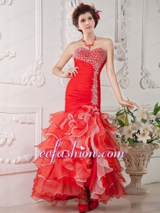 2015 Gorgeous Red Mermaid Sweetheart Beading Organza Evening Dress
