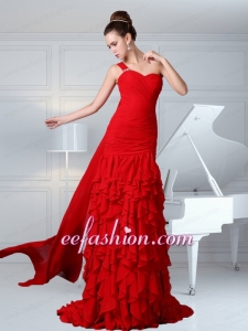 2015 One Shoulder Ruching Column Chiffon Watteau Train Prom Dress in Red
