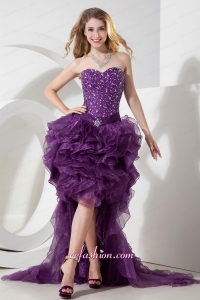 2015 Unique Purple High Low Beading Organza Evening Dress with Brush Train