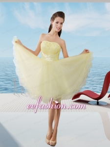 A Line Strapless Mini Length Organza Beading Prom Dress in Light Yellow