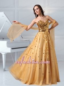 A Line Sweetheart Sequins and Tulle Prom Dress in Gold