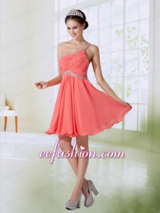 Cute One Shoulder Chiffon Empire Prom Dress in Watermelon