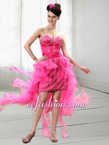 Cute Sweetheart High Low Hot Pink Column Prom Dress with Beading