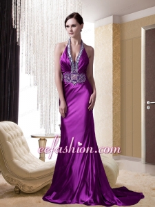 Eggplant Purple Halter Beading and Appliques Prom Dress with Brush Train