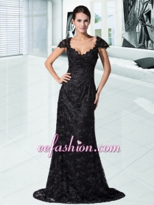 Elegant Black Lace Cap Sleeves Scoop Prom Dresses with Sweep Train