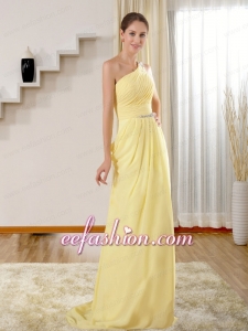 Elegant Column One Shoulder Brush Train Beading Prom Dress in Yellow