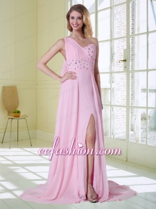 Elegant Pink One Shoulder Prom Dress with Beading and Watteau Train