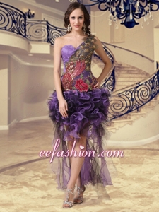 Exclusive High Low Column Appliques One Shoulder Prom Dress in Purple