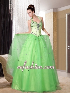 Good Looking Halter A Line Floor Length Beading Prom Dress in Spring Green
