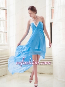 High Low Baby Blue Princess Chiffon Prom Dress with Beading