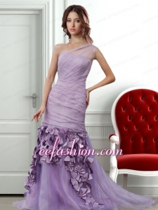 Lavender One Shoulder Prom Dress with Ruching and Hand Made Flowers