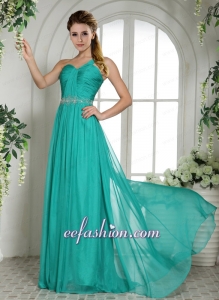 One Shoulder Turquoise Chiffon Brush Train Prom Dress With Ruching and Beading