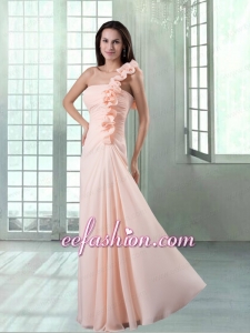 Peach One Shoulder Floor Length Prom Dress with Hand Made Flowers