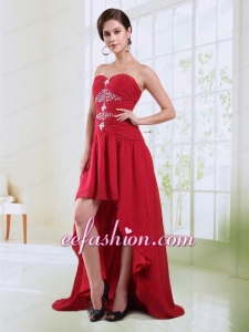 Red Sweetheart High Low Prom Dress with Beading and Ruching