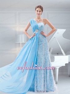 Suitable Empire Brush Train Baby Blue One Shoulder Beading Prom Dress
