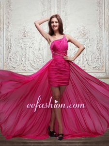 Sweet One Shoulder Beading Hot Pink Prom Dress with Brush Train
