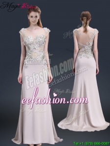 2016 Luxurious Brush Train Cap Sleeves Prom Dresses with Appliques