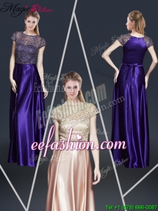 Empire Bateau Prom Dresses with Appliques and Belt